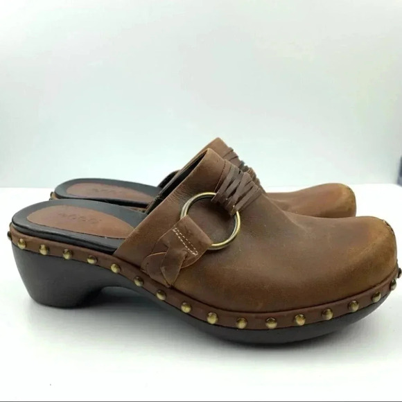 Ecco flats size 38 7-7.5 brown leather clog mules - Picture 1 of 14